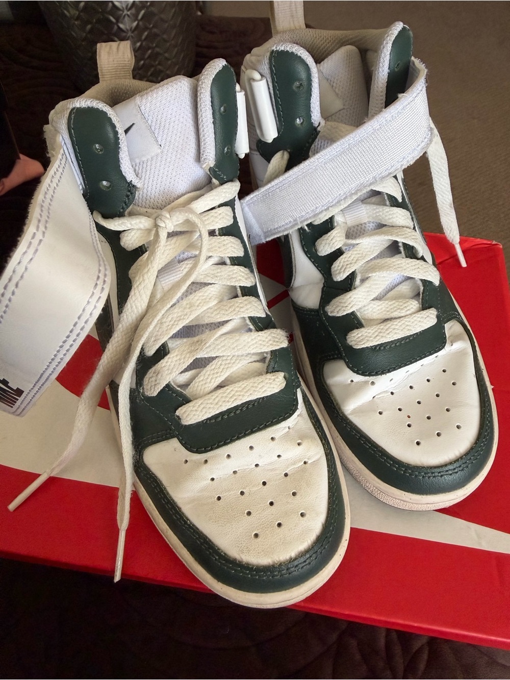 Nike Kids High-Top Sneakers in White and Dark Green